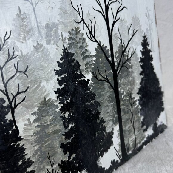 Hand-Painted Forest Landscape On Wooden Board Silhouette Misty Morning - Picture 2 of 4